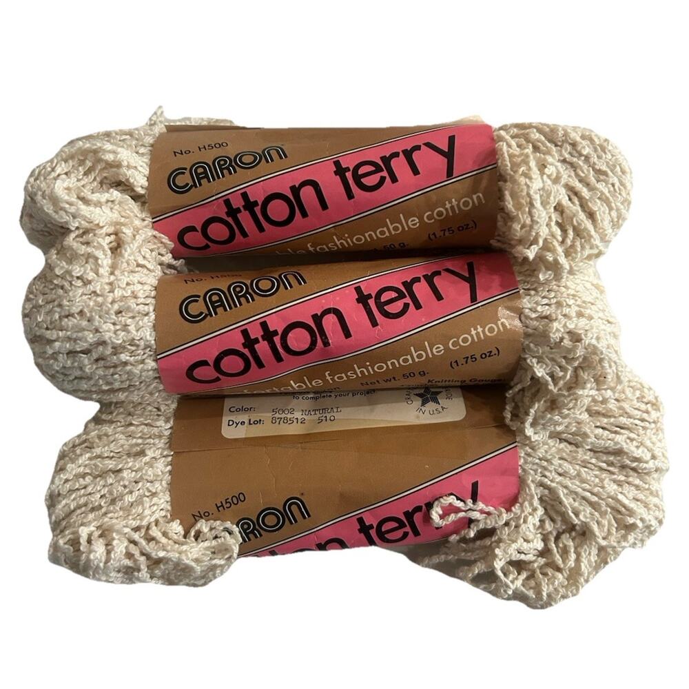 Vtg Caron Cotton Terry H500 Yarn Cotton Rayon Lot of 3 Skeins 5002 Natural USA‎